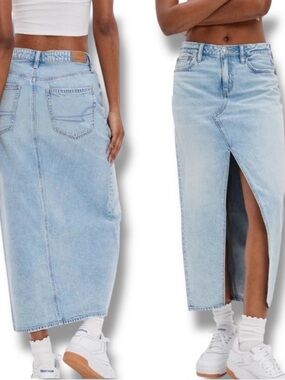 American Eagle Dreamy Drape Low-Rise Denim Jean slit Maxi Skirt - Size 0